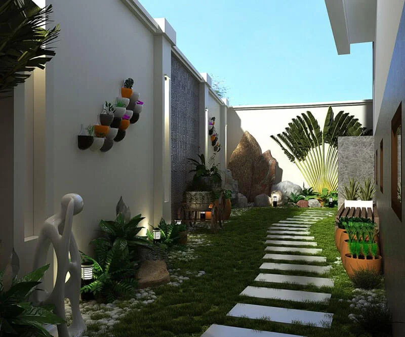 Tiểu cảnh sân vườn mini 2 bên lối đi