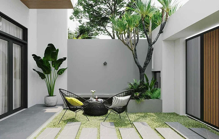 Tiểu cảnh sân vườn trước nhà đơn giản, đẹp đẽ